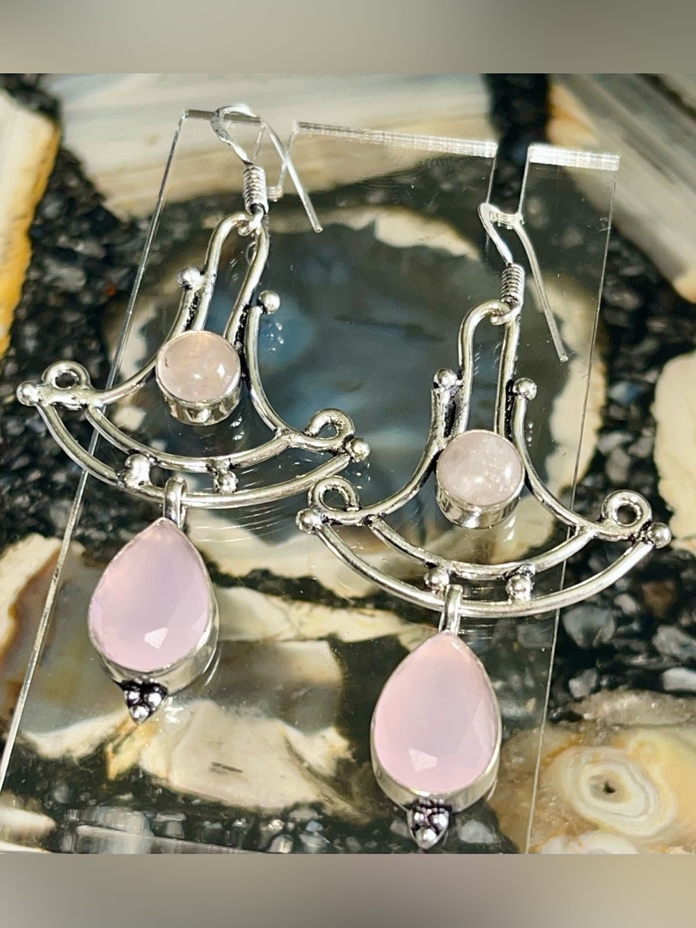 Chalcedony & Rose Quartz “Stone of Pure Love” Earrings 2 1/2”